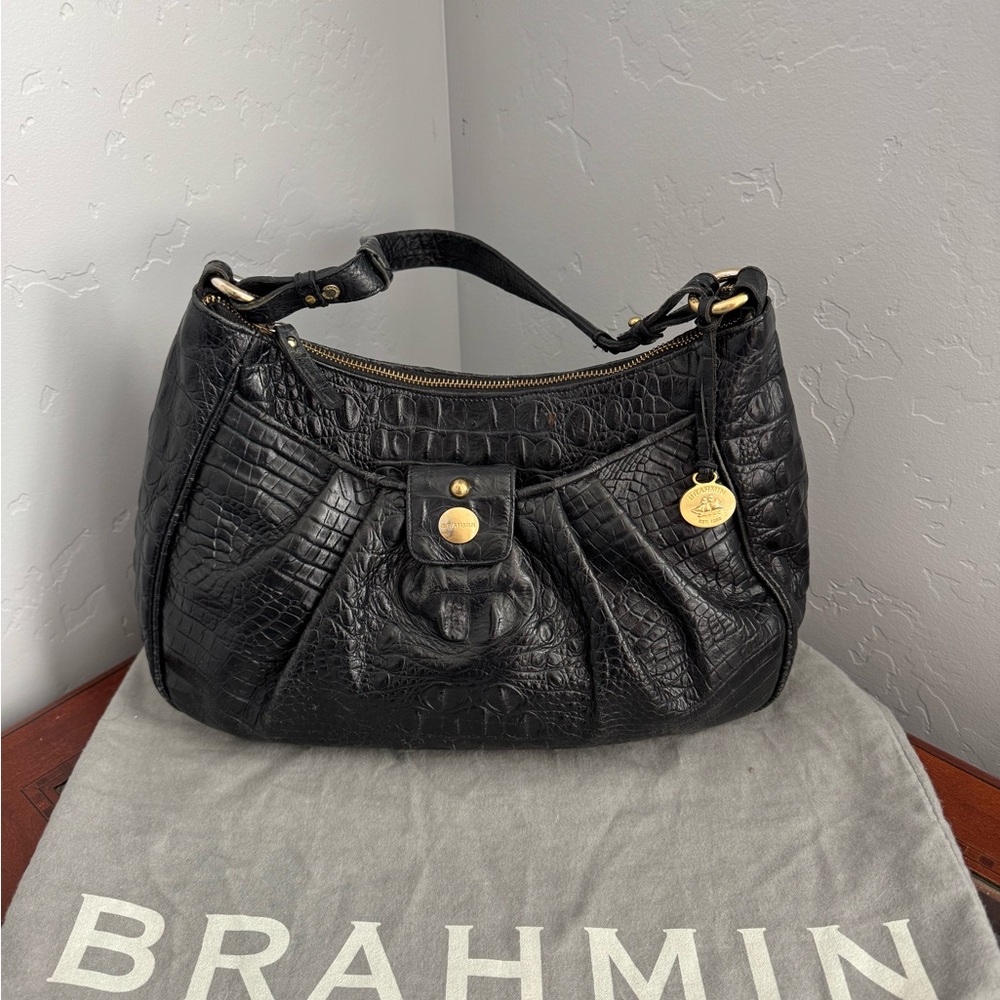 Brahmin Black Leather Embossed Croc Shoulder Bag Vintage Y2K